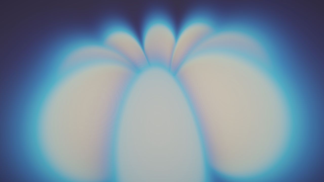 Bright, rounded orbital forms fan out, edged in blue against a dark violet background.