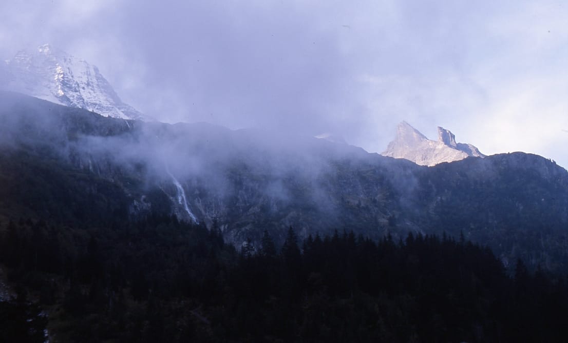 Dense mountain fog blurs the path ahead—evoking silence, uncertainty, and quiet ascent.