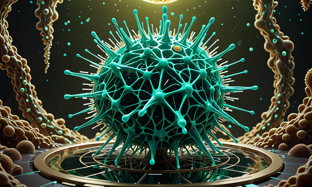 A virus-like structure in teal, surrounded by organic forms and embedded in a data-grid-like environment