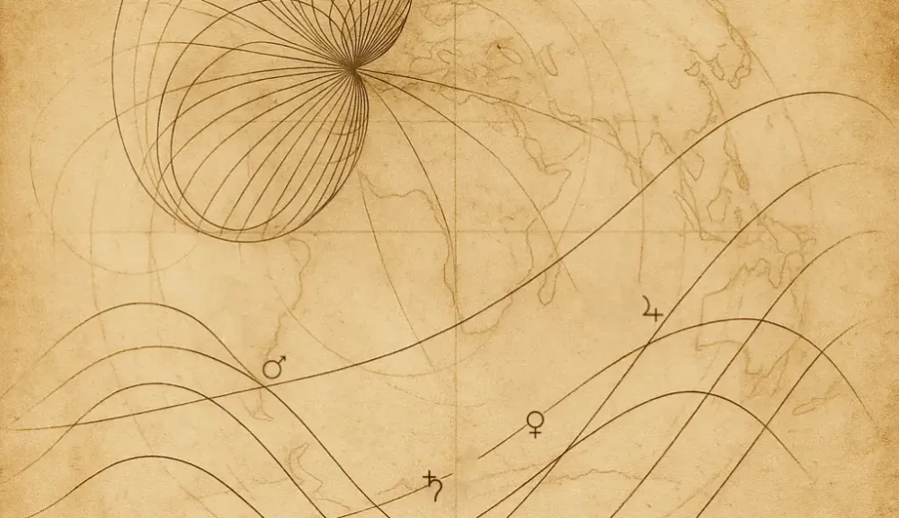 A faint planetary path drawn across a washed-out topographic surface – no borders, no destination.