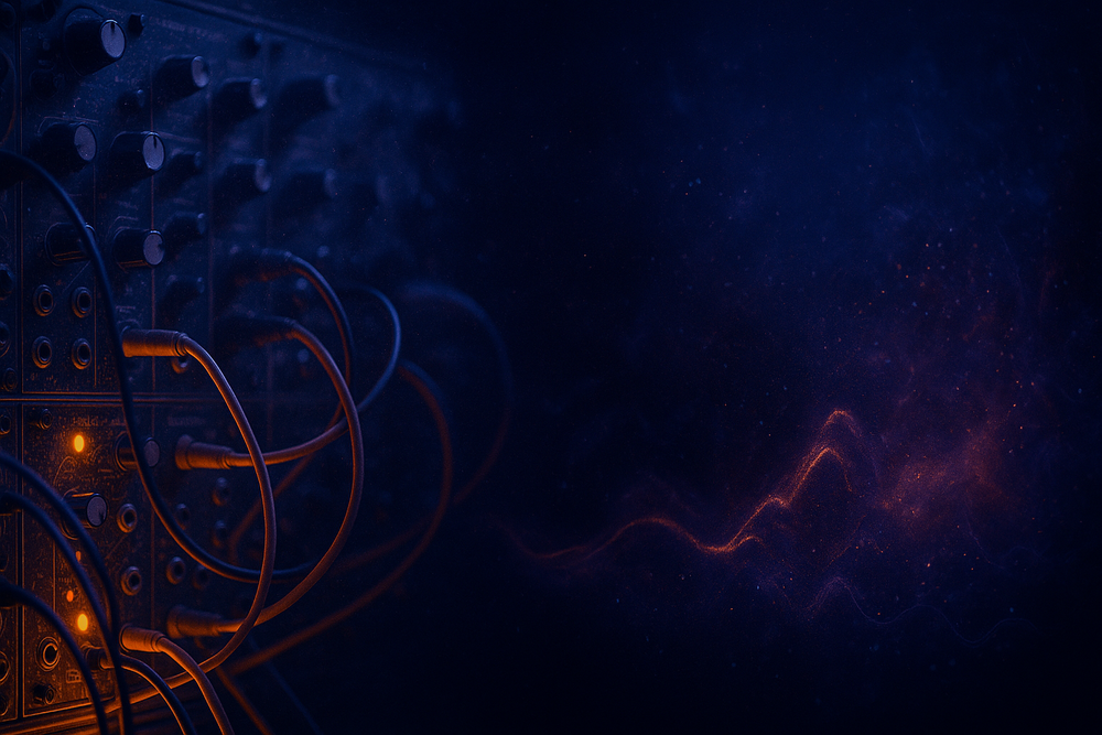 Overlay of a modular synth patch and reactive waveform visualizer. Fragmented interface. Ambient interference.