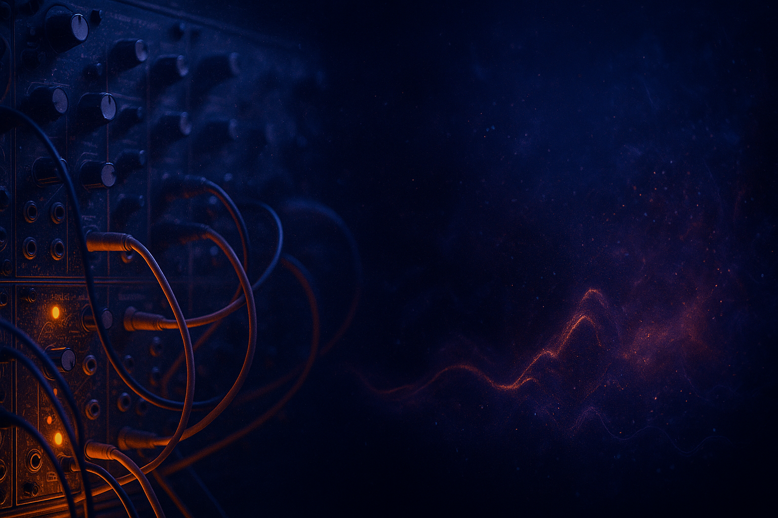 Overlay of a modular synth patch and reactive waveform visualizer. Fragmented interface. Ambient interference.