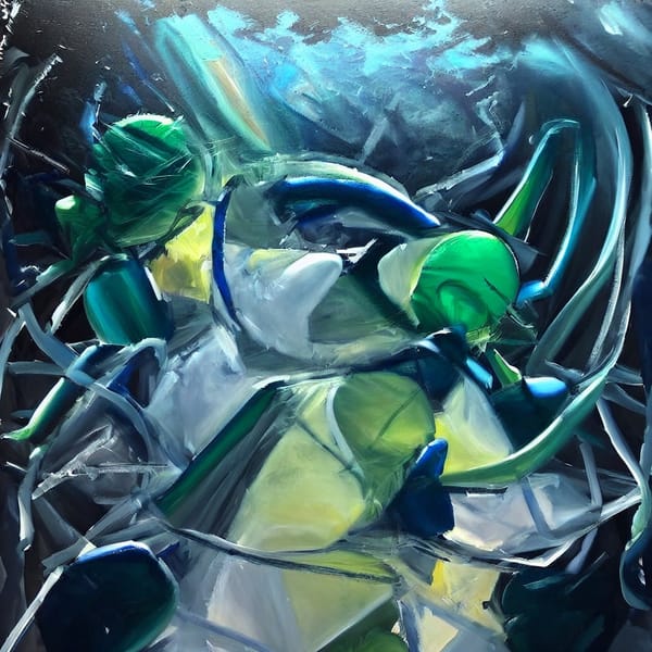 Fluid entangled shapes in green, blue, and white tones. Resembling a gestating entity in an underwater-like environment.