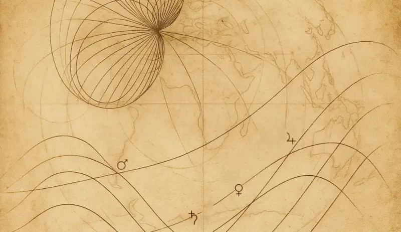 A faint planetary path drawn across a washed-out topographic surface – no borders, no destination.