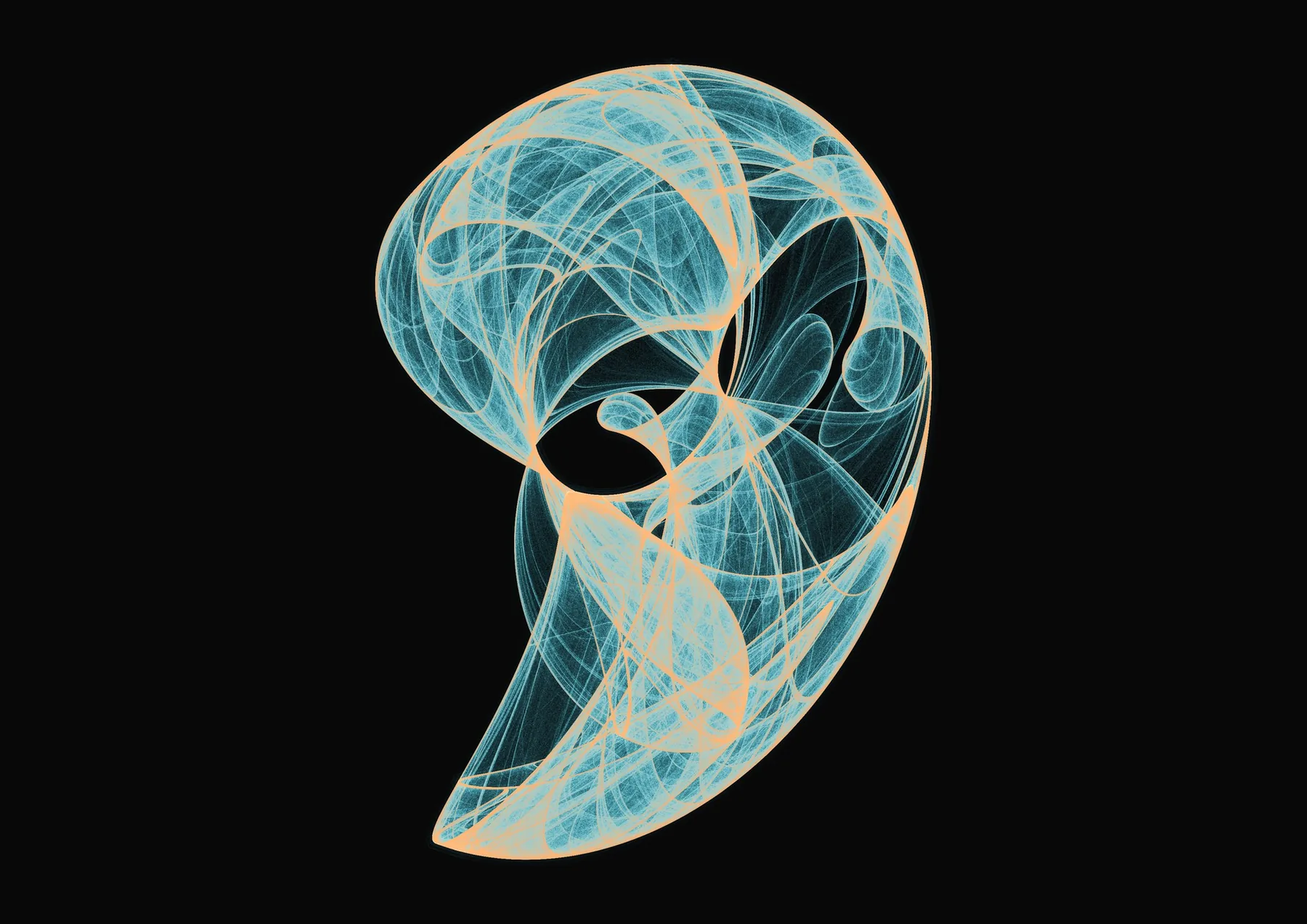 A curved form of fine turquoise paths, condensed to copper at the folds, on a black ground.