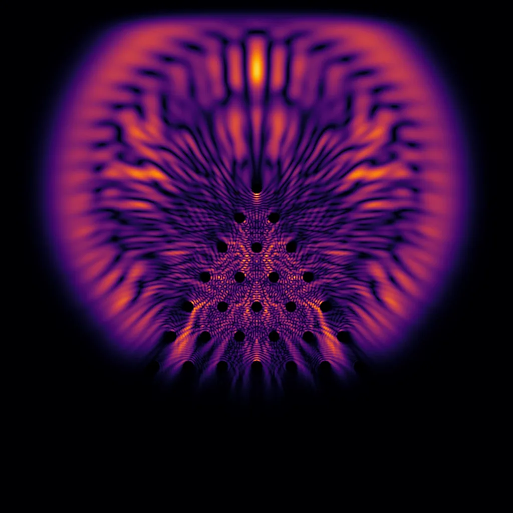 Leuchtende Interferenzmuster in Orange und Violett auf schwarzem Grund; dunkle Punkte bilden ein dreieckiges Raster.